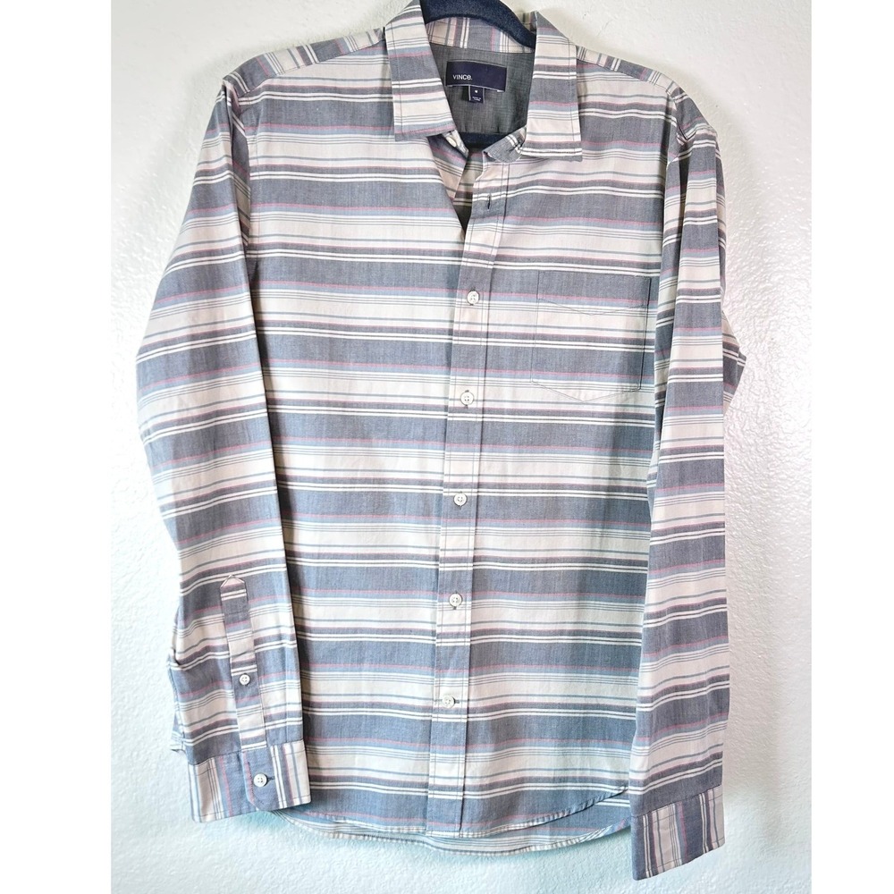 Vince Mens Medium Blue Grey Striped Long Sleeve Cotton Button Down Shirt